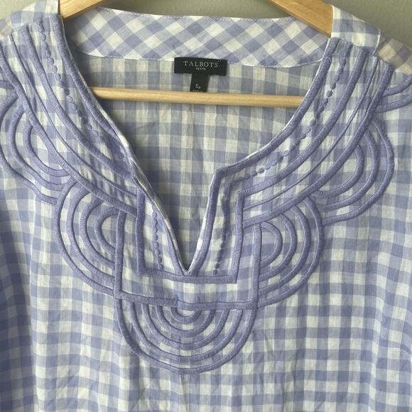Talbots Popover Top Gingham Plaid Women’s Periwinkle Embroidered Boho Size SP - Picture 4 of 6